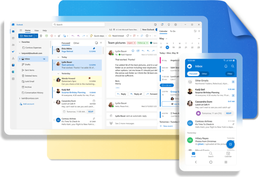 Microsoft Outlook email and calendar interface